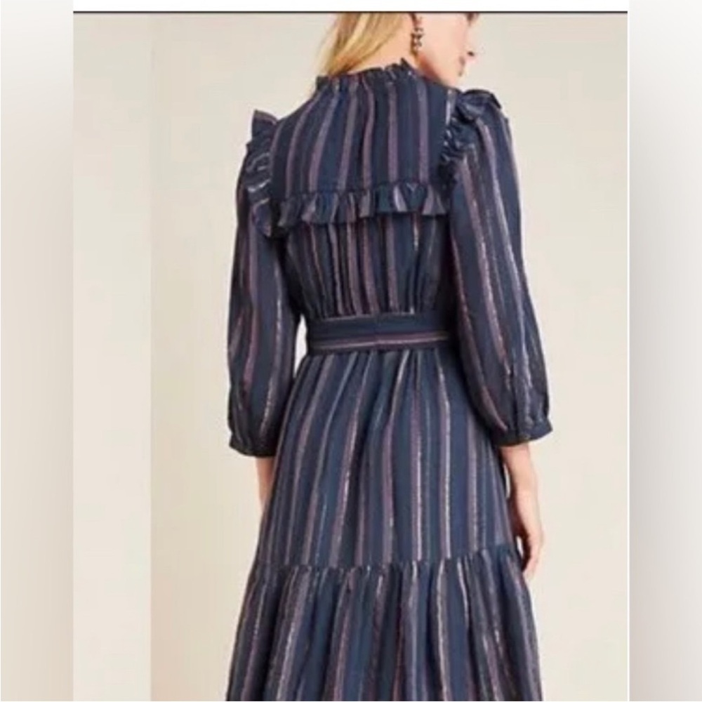 Anthropologie Midnight Ruffled Collared Midi Dress Navy Blue Metallic SZ Medium - Picture 2 of 10
